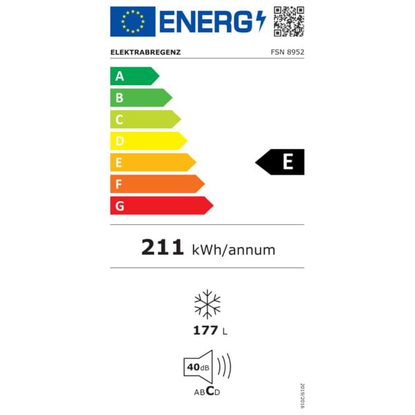 Energieeffizienz Kennzeichnung, E Energie, jährlicher Verbrauch 211 kWh, Kühlgeräte-Bekanst?, Geräuschpegel 40 dB