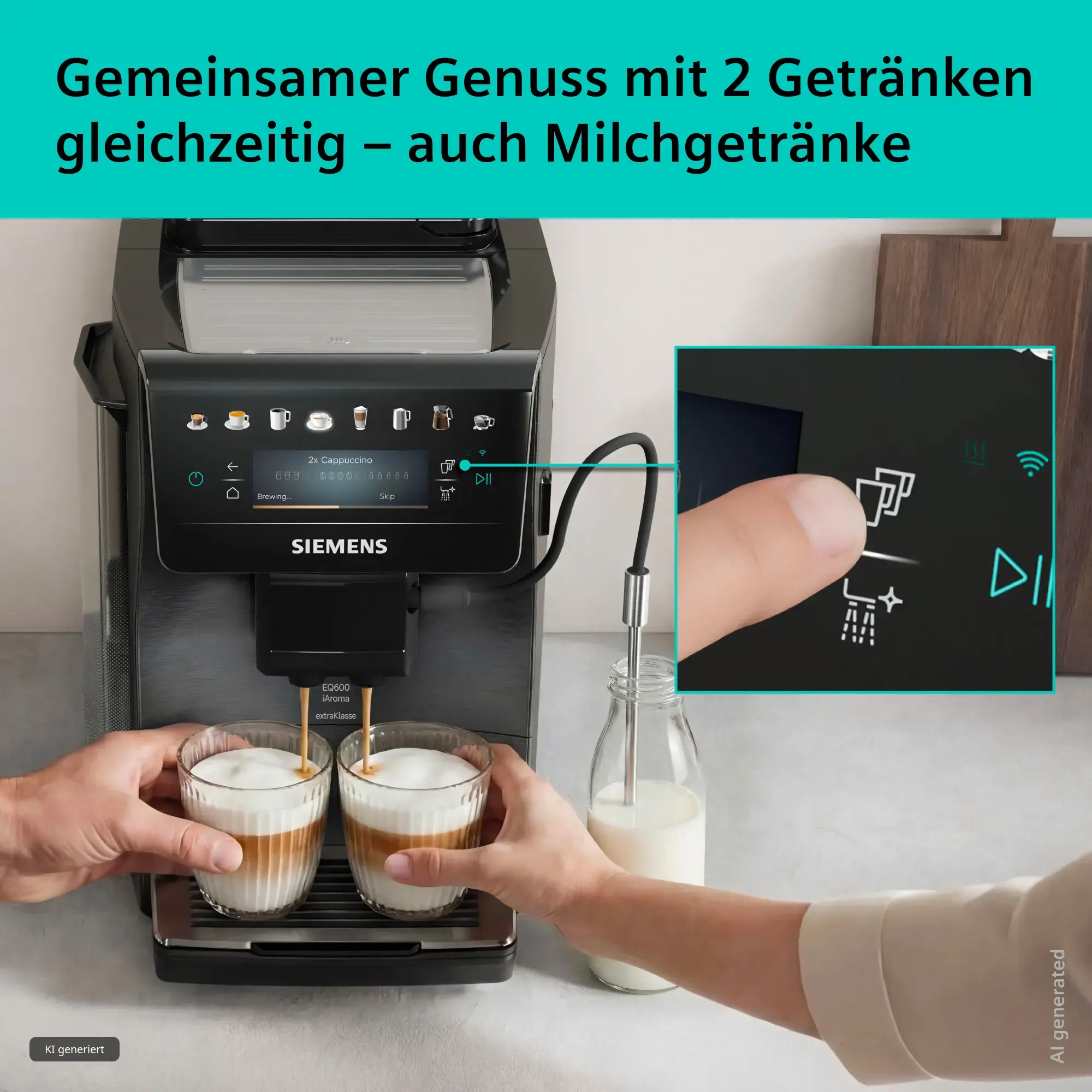 Espresso, Kaffeemaschine, zwei Tassen, Milchschaum, Touchscreen