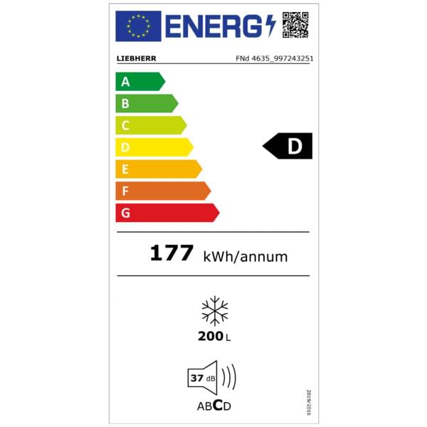 Kühlschrank, Energieetikett D, 200 L, 37 dB, Lärmpegel