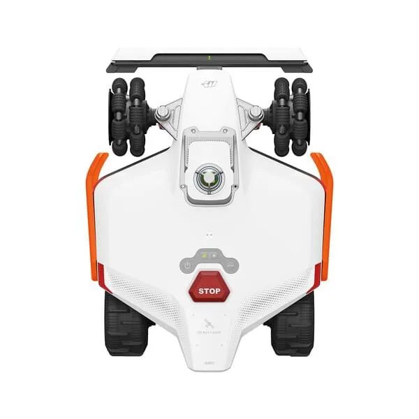 weißes Gehäuse, Roboterauto, Rückansicht, Stoppschalter, orangen Schutzvorrichtungen