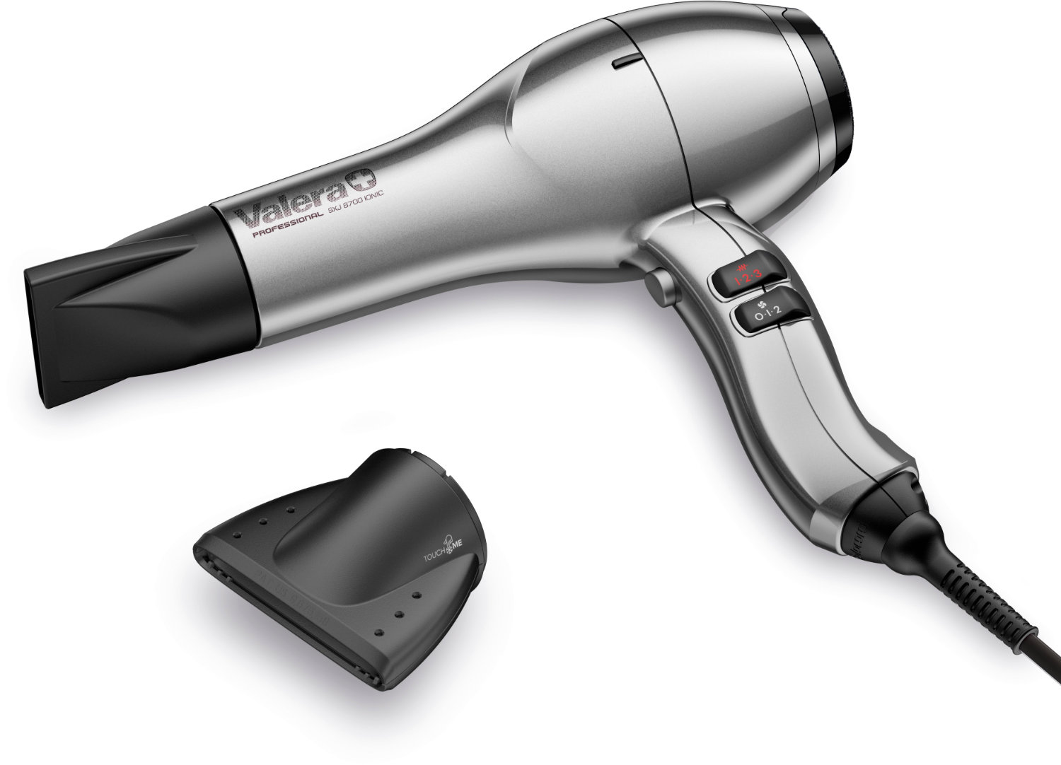 Haarfön, professionell, Silber, schwarzer Aufsatz, abnehmbarer Diffusor