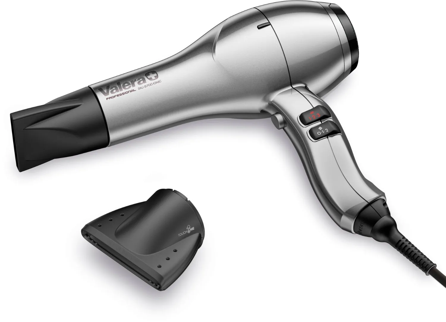 Haarfön, professionell, Silber, schwarzer Aufsatz, abnehmbarer Diffusor