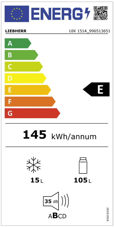 Kühlschrank, Energieklasse E, 145 kWh/Jahr, 120 l Fassungsvermögen, 35 dB Geräuschpegel