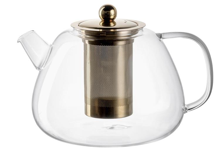 Glas-Teekanne, Teekanne, Infuser, Glasgriff, Messingdeckel