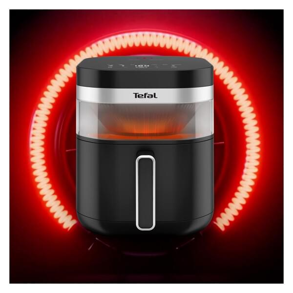 Heißluftfritteuse, kompakt, schwarz, orange Lichter, digitale Steuerung