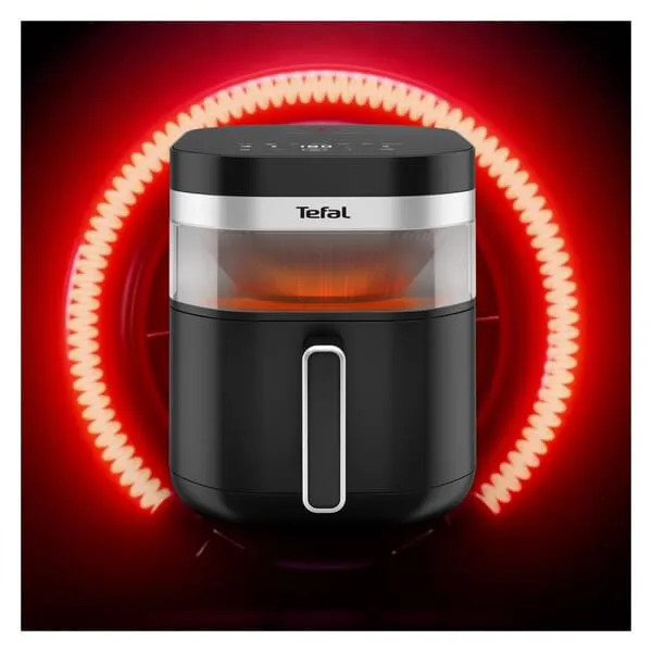 Heißluftfritteuse, kompakt, schwarz, orange Lichter, digitale Steuerung