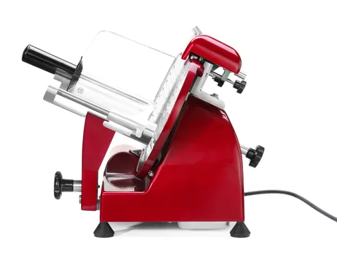 Metzgermaschine, rot, Edelstahl, abgewinkeltes Messer, elektrisch