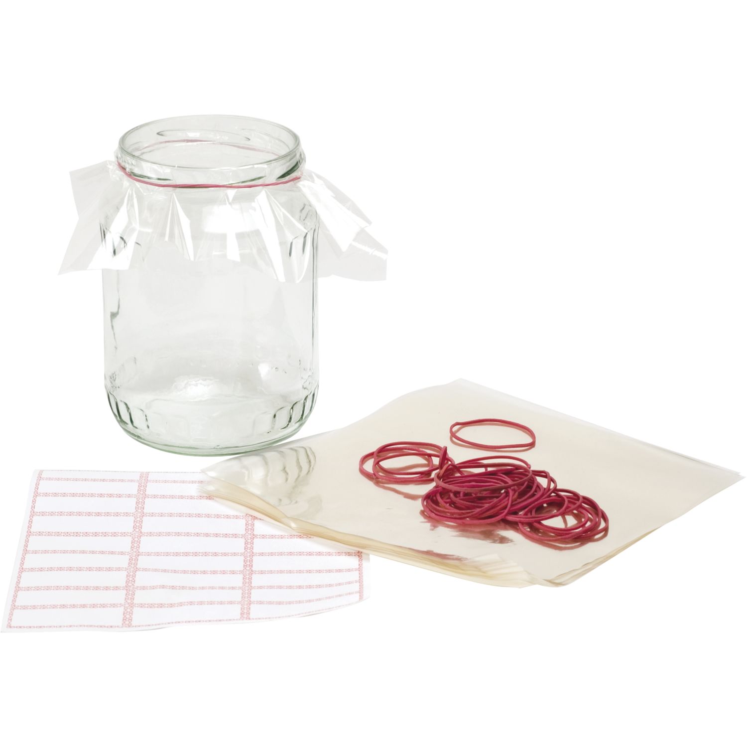 Glasgefäß, Gummibänder, Rosa Gummibänder, Verpackungsset, Plastikfolie