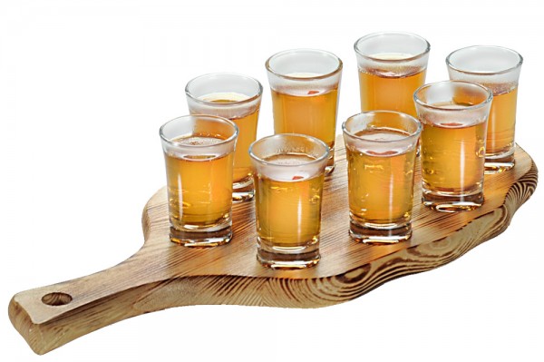 Shotgläser, Bierflug, Holzplatte, Bernsteinfarbig, Glaswaren