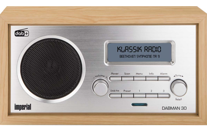 Radio, Holzgehäuse, silbernes Frontpanel, digitales Display, DAB+