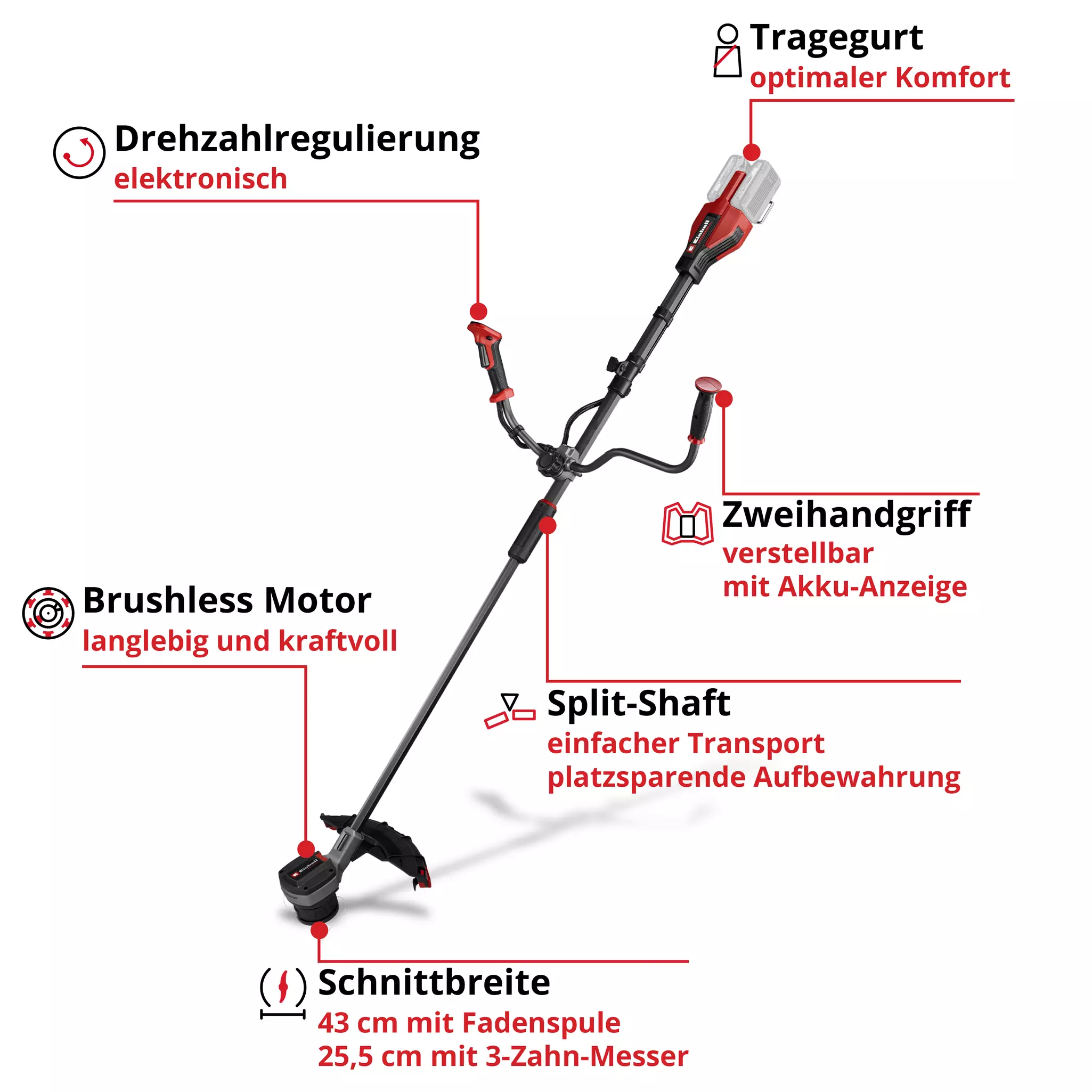 bürstenloser Motor, elektrische Einstellung, Split-Schaft, Zweihandgriff, Schnittbreite 42 cm