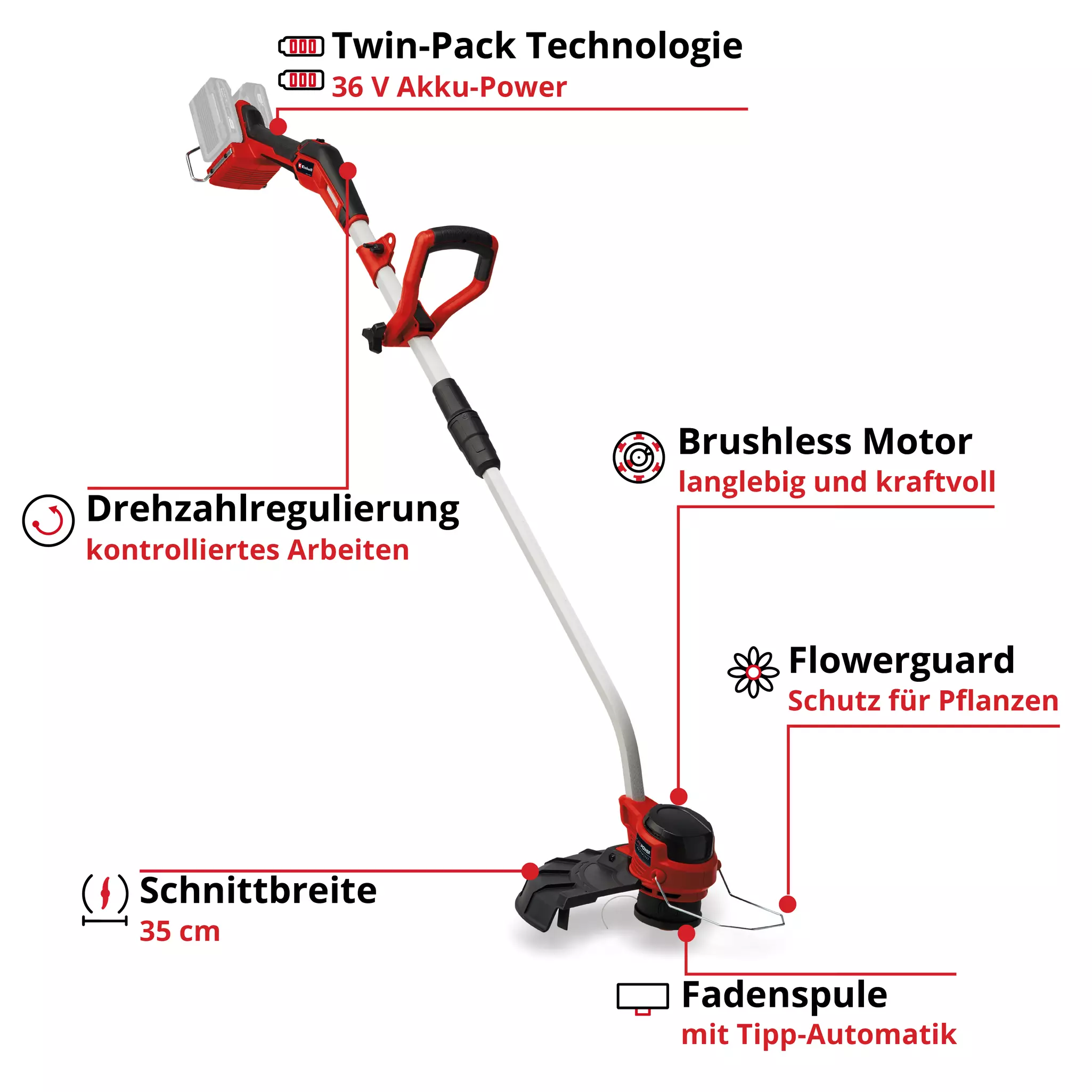 bürstenloser Motor, Akku-Grasbürste, 36 V, Twin-Pack-Technologie, 35 cm Schaft
