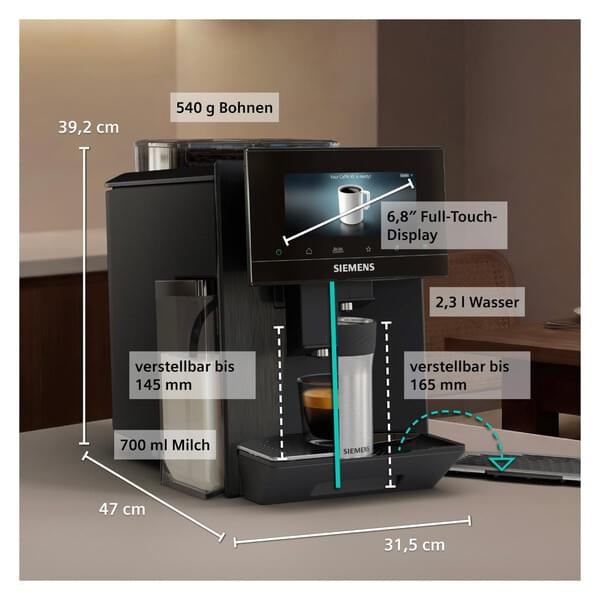 kaffeemaschine, display, wassertank, milchschaumsystem, abmessungen