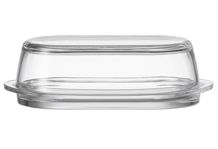 Butterdose aus Glas, klares Glas, gewölbter Deckel, Servierteller