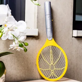 elektrischer Fliegenfänger, gelber Rahmen, Netzgewebe, handbetrieben, Batteriebetrieben