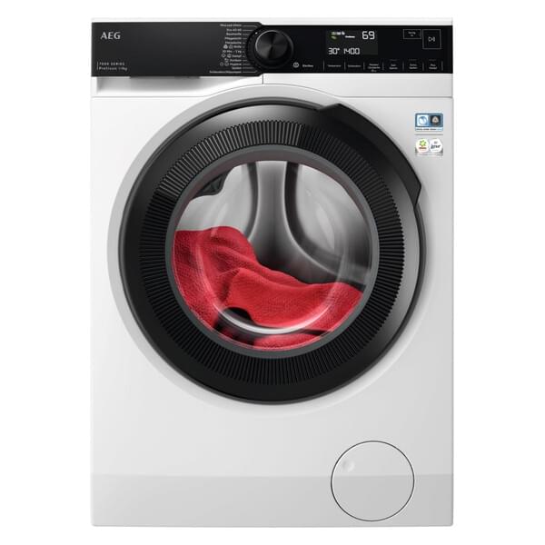 Waschmaschine, Frontlader, Weiß, digitales Display, rote Wäsche