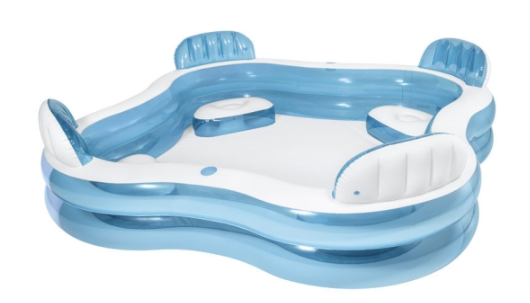 schwimmbecken, Babybecken, blaues Becken, runder Pool, eingebauter Sitz