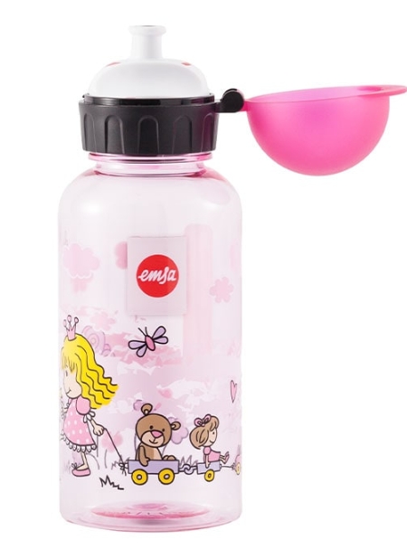 pinkes Flaschen, Kinderflasche, Wasserflasche, dargestellte Figuren, Blumenmuster