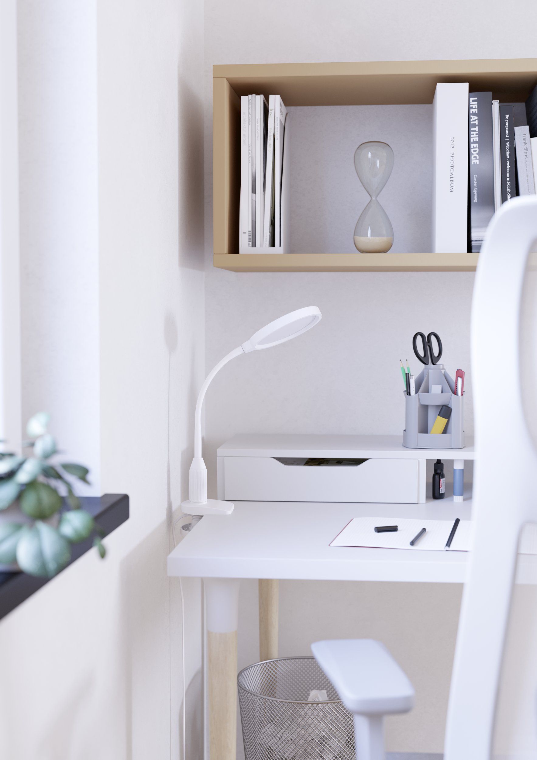 Schreibtisch, Schreibtischlampe, Sanduhr, Bücherregal, Büro-Schreibtisch