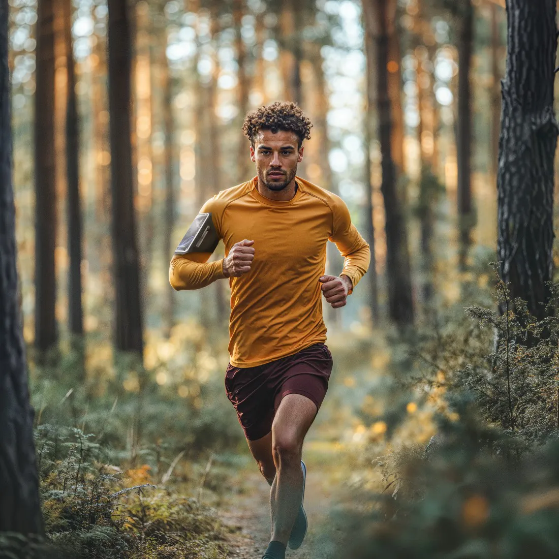 Laufshirt, orangener Oberteil, Shorts, Armtasche, Waldweg