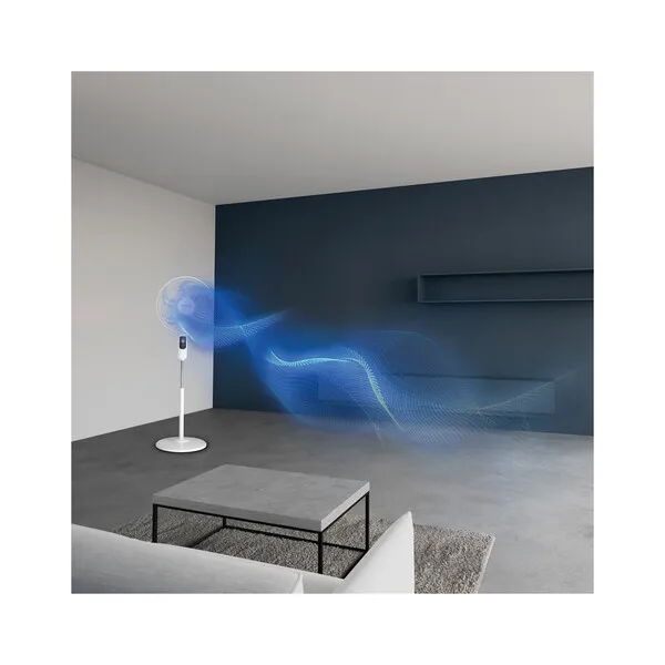 Standventilator, blaues Licht, modernes Zimmer, Standfußventilator, Wohnkultur