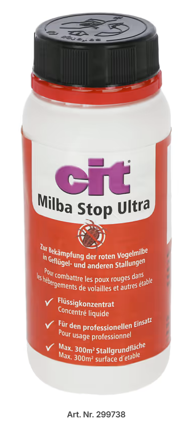Milba Stop Ultra, Flüssigkonzentrat, Vogelabwehr, Geflügelbehandlung, rote Verschlusskappe