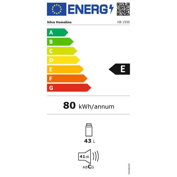 Energieeffizienzklasse E, 80 kWh/Jahr, 43 L, 44 dB, Türsymbol