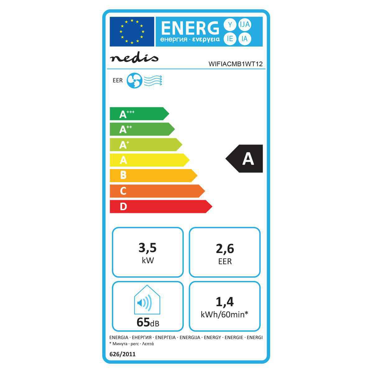 elektrischer Haushaltsgegenstand, Energielabel, 3,5 kW, 2,6 EER, 65 dB