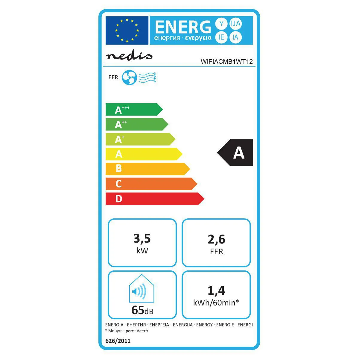 elektrischer Haushaltsgegenstand, Energielabel, 3,5 kW, 2,6 EER, 65 dB