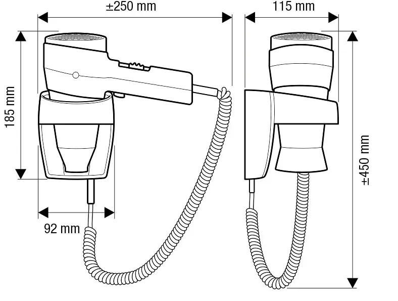 Haarföhn, Wandmontage, klappbarer Griff, gewickeltes Kabel, Abmessungen