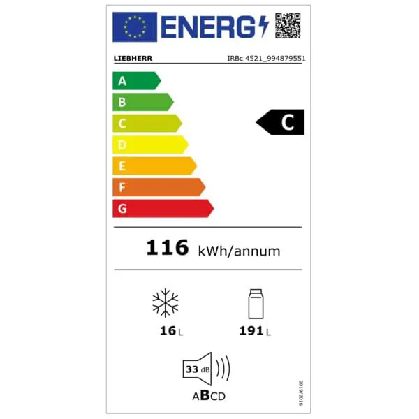 Stromkennzeichnung, Energieeffizienzklasse C, jährlicher Energieverbrauch 116 kWh, Kapazität 16 L Kühlung 191 L, Geräuschpegel 33 dB