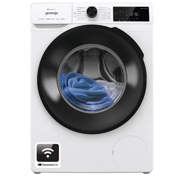 Waschmaschine, Frontlader, weiße, Glas- Tür, blaues Kleidungsstück