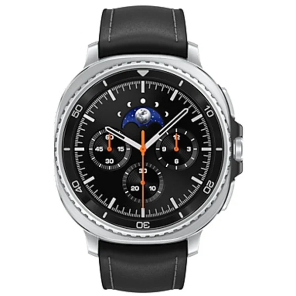Uhr, Chronograph, schwarzes Zifferblatt, silbernes Gehäuse, Lederarmband