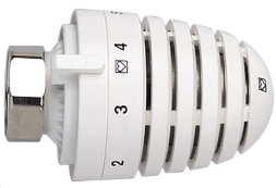 Heizkörperthermostat, weißes Kunststoffgehäuse, Skala mit Zahlen, Metallanschluss, geschlitztes Gehäuse