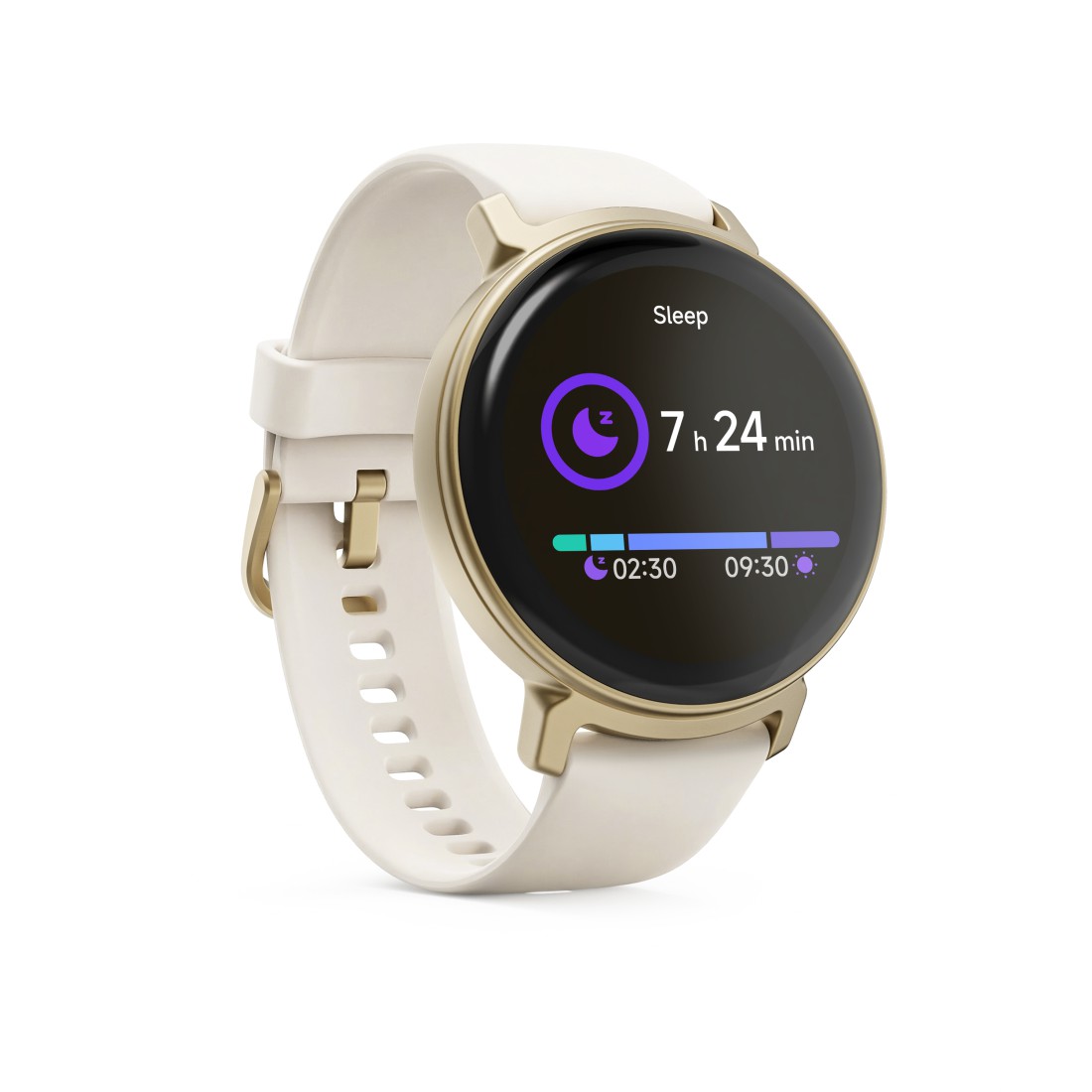 Smartwatch, runder Zifferblatt, beige Armband, goldener Rahmen, digitales Display