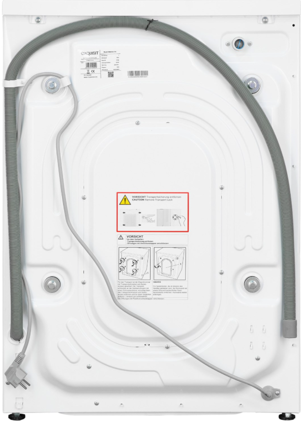 Waschmaschine, Hinterseite, Netzkabel, Schlauch, Etikett