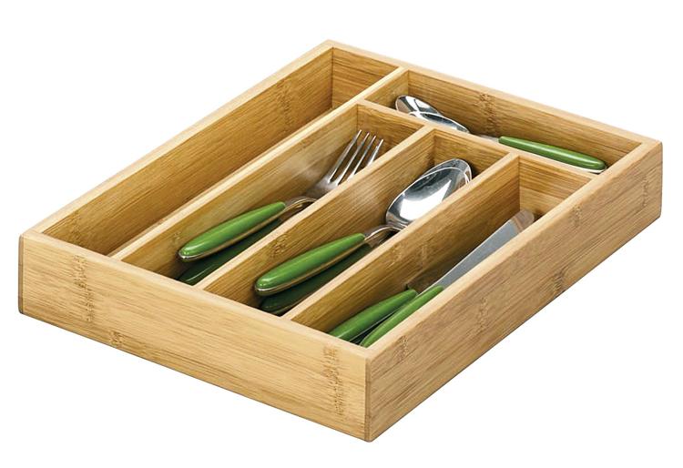 Besteckkorb, Holzorganizer, Silberbesteck-Set, Grüne Griffe, geteilter Aufbewahrungskorb