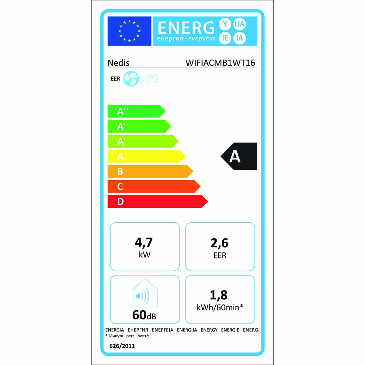 energielabel, A-Bewertung, 4,7 kW, 2,6 EER, 60dB