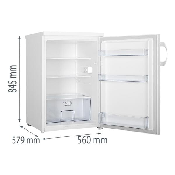 kleiner Kühlschrank, kompakter Kühlschrank, Einzelflügel, regale im Innenraum, abmessungen 845x569x560, transparenter Obst- und Gemüsefach, Gefrierfach Schublade