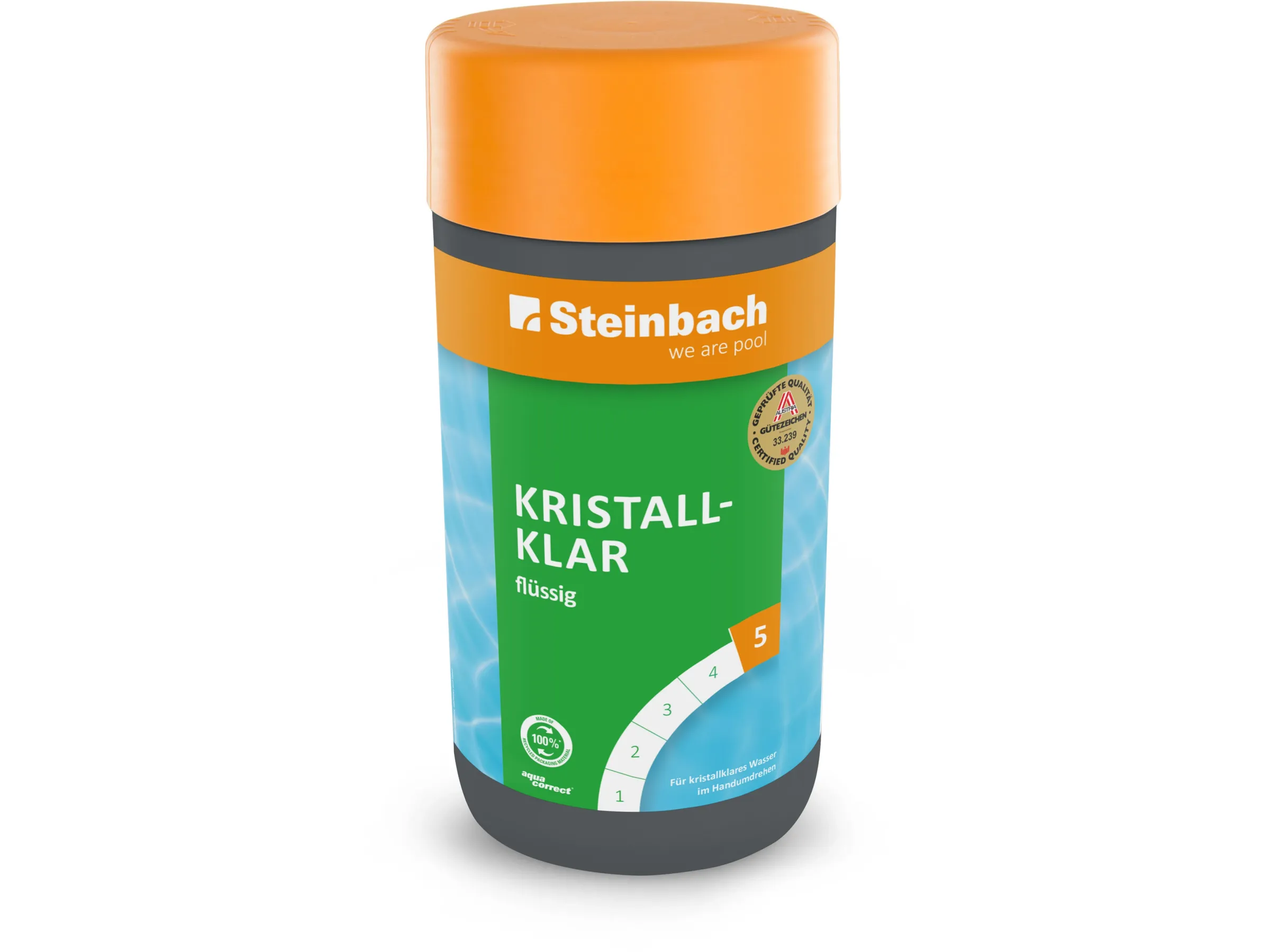 Poolchemikalien, Kristallklar, Flüssigkeit, grüne Beschriftung, orange Deckel