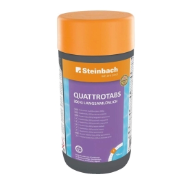 Plastikflasche, Orangener Deckel, lila Etikett, Steinbach, QuattroTabs
