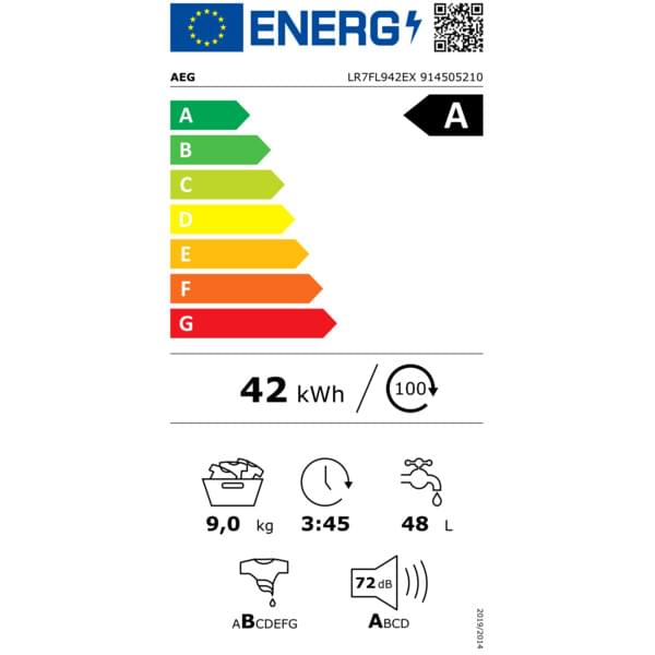 Waschmaschine, 42 kWh, 9,0 kg, 3:45, 48 L