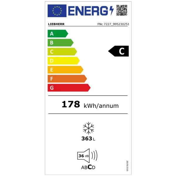 Energielabel, 178 kWh/Jahr, 363 L, 36 dB, ABCD Geräuschpegel