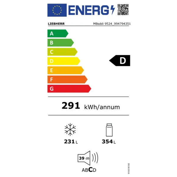 Energielabel, D-Bewertung, kWh/Jahr, 231 L, 354 L