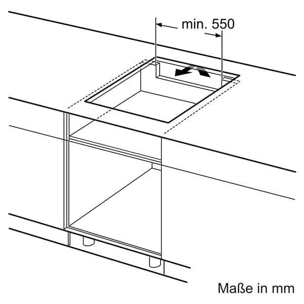 kitchenes schrank, Schubladenvorderseite, Schranköffnung, Montage-Diagramm, min. 550 mm