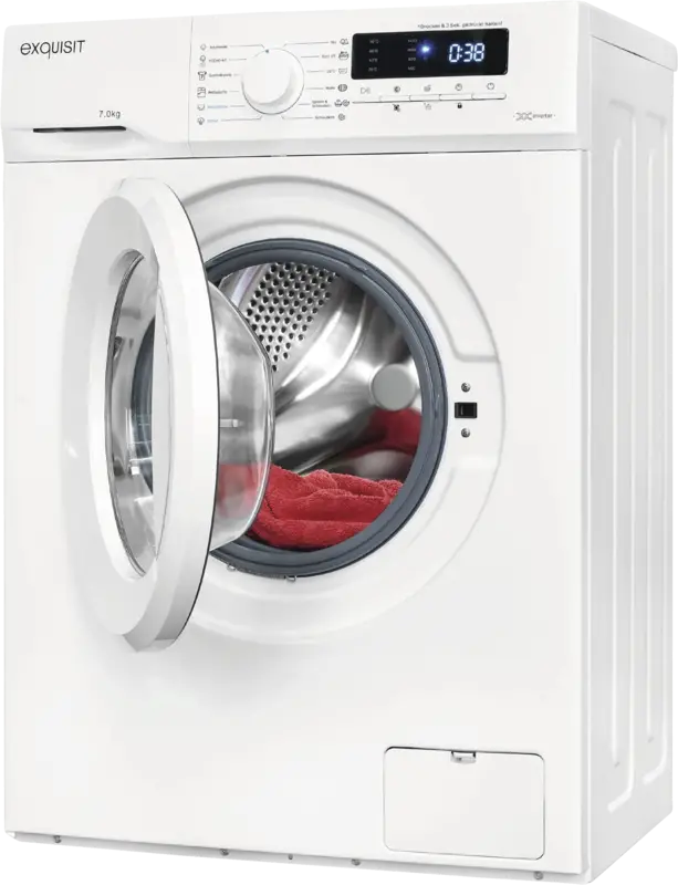Waschmaschine, Frontlader, Glas-Tür, weißes Gerät, rotes Handtuch