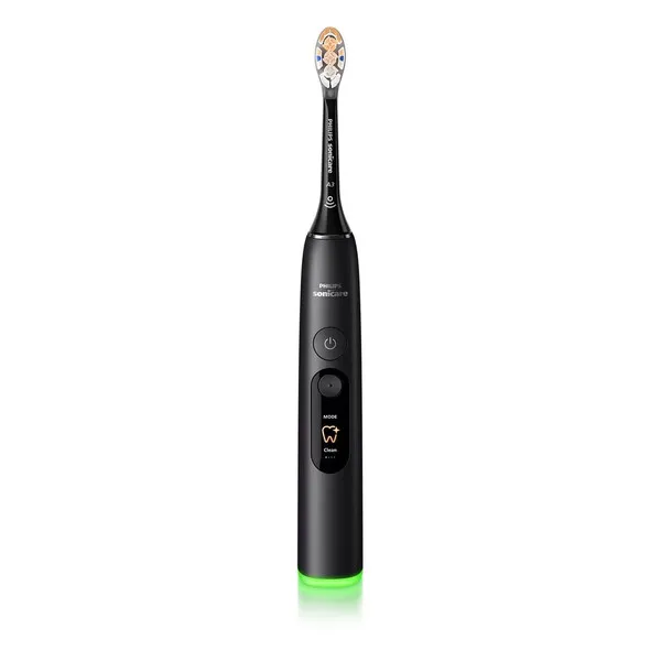 elektrische Zahnbürste, Sonicare, schwarzer Griff, grüne Basis, Ladesymbol?
