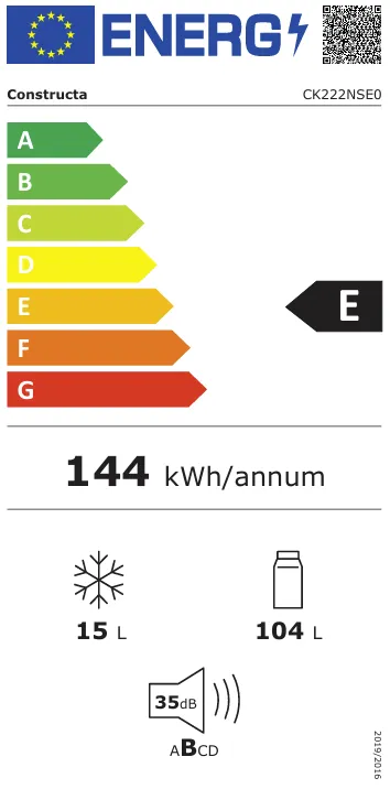 Kühlschrank, Energieeffizienzklasse E, 144 kWh/Jahr, 15 L Kühlraum, 104 L Fassungsvermögen