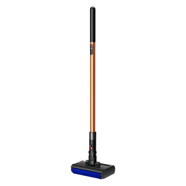 Stielstaubsauger, Aufrechtstaubsauger, kabelloser Staubsauger, braun/oranger Körper, blauer Rollenkopf