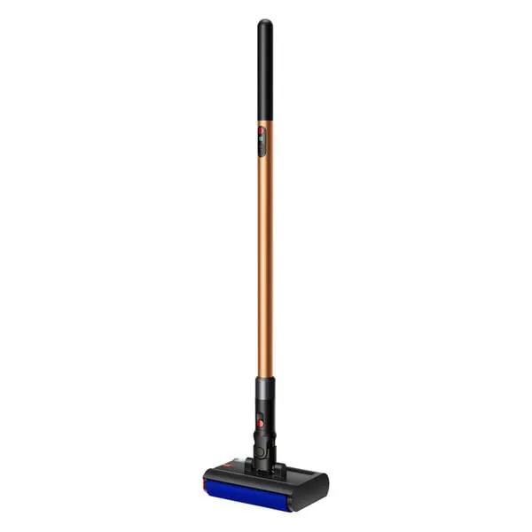 Stielstaubsauger, Aufrechtstaubsauger, kabelloser Staubsauger, braun/oranger Körper, blauer Rollenkopf